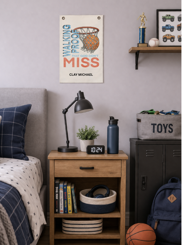 Personalized tapestry featuring a basketball hoop design with the text "Walking proof that God don't miss" in a bedroom se...
