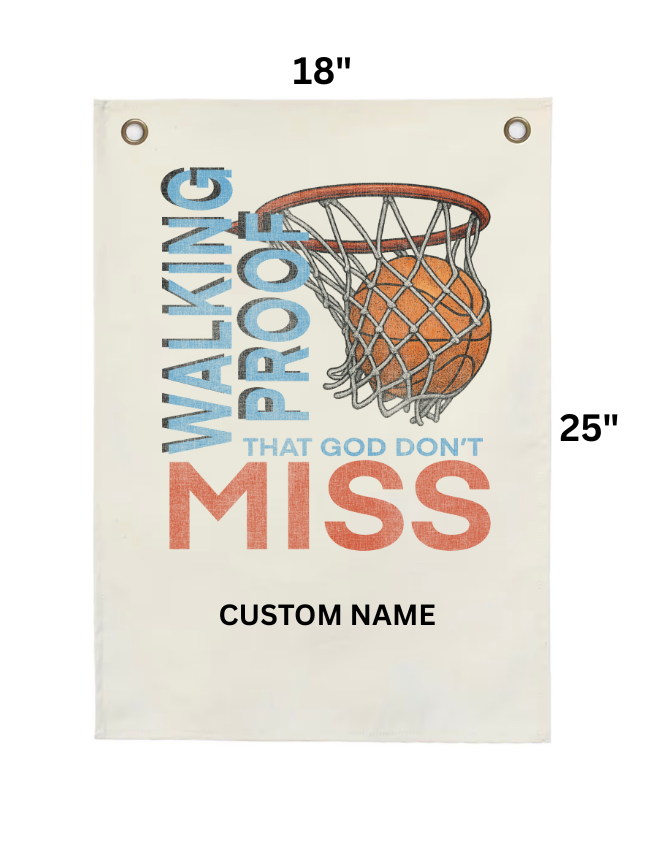 Personalized tapestry featuring a basketball hoop and the text "Walking proof that God don't miss," with customizable name.