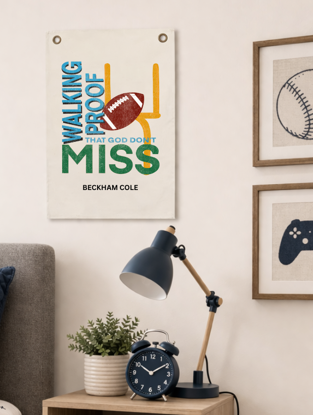 Personalized tapestry featuring "Walking Proof That God Don't Miss" with a football graphic and name Beckham Cole.