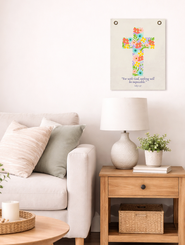 Floral cross tapestry with colorful flowers and the text "For with God, nothing will be impossible" displayed in a living ...