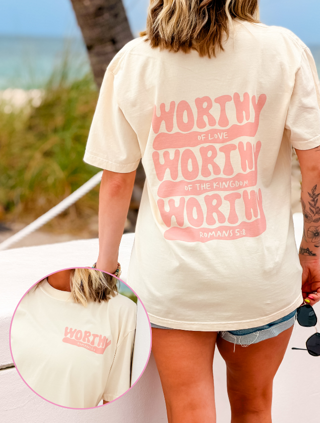 model wearing Worthy Of... Tee