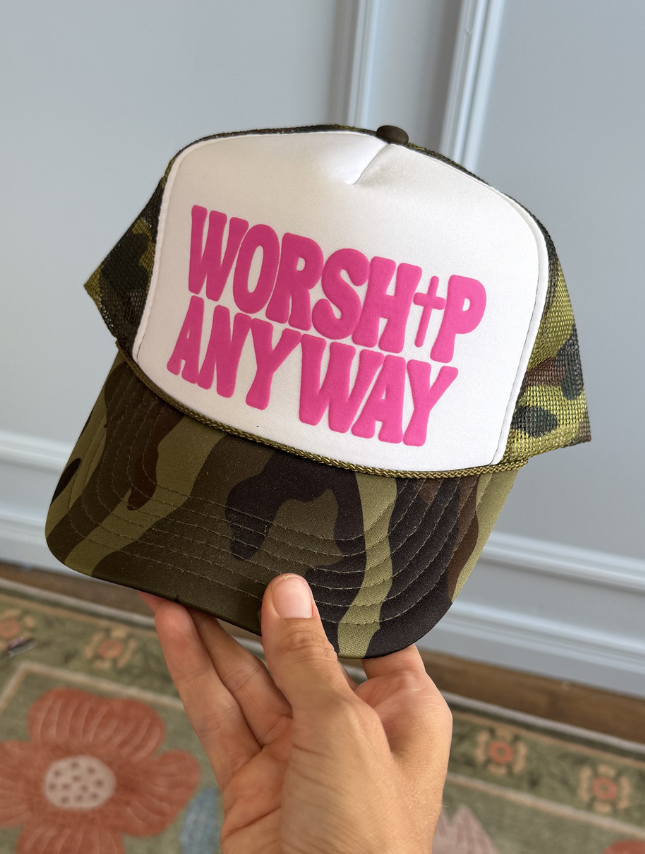 Worship Anyway Camo Foam Trucker