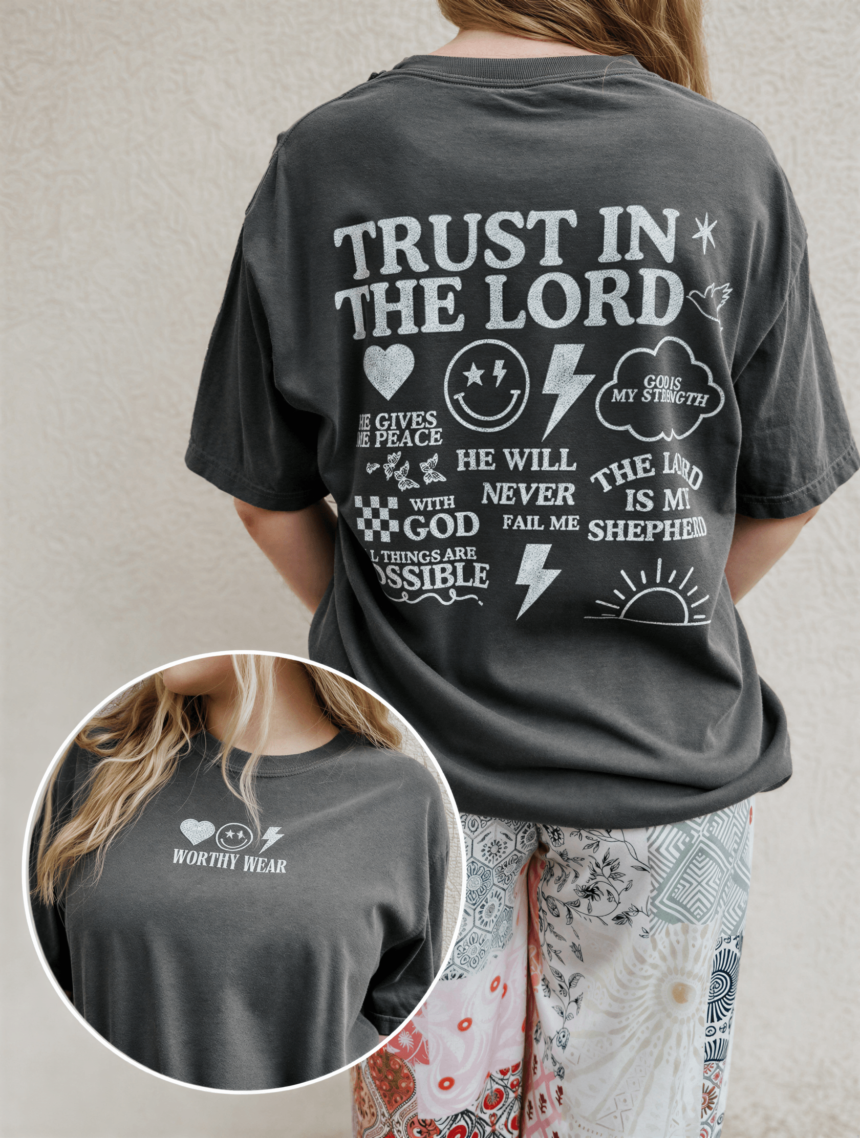 model wearing Trust Talks Tee