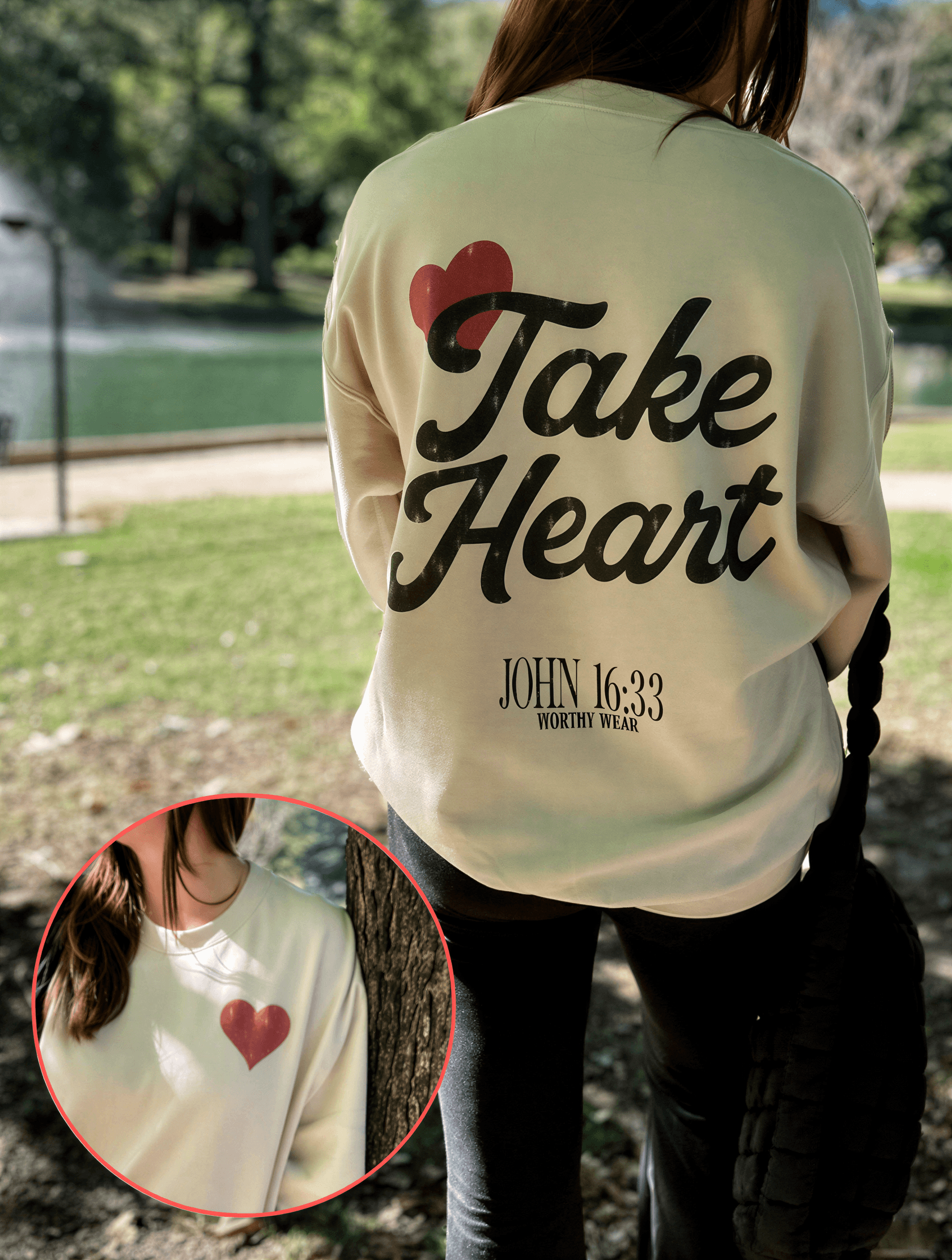 model wearing Take Heart Sweatshirt