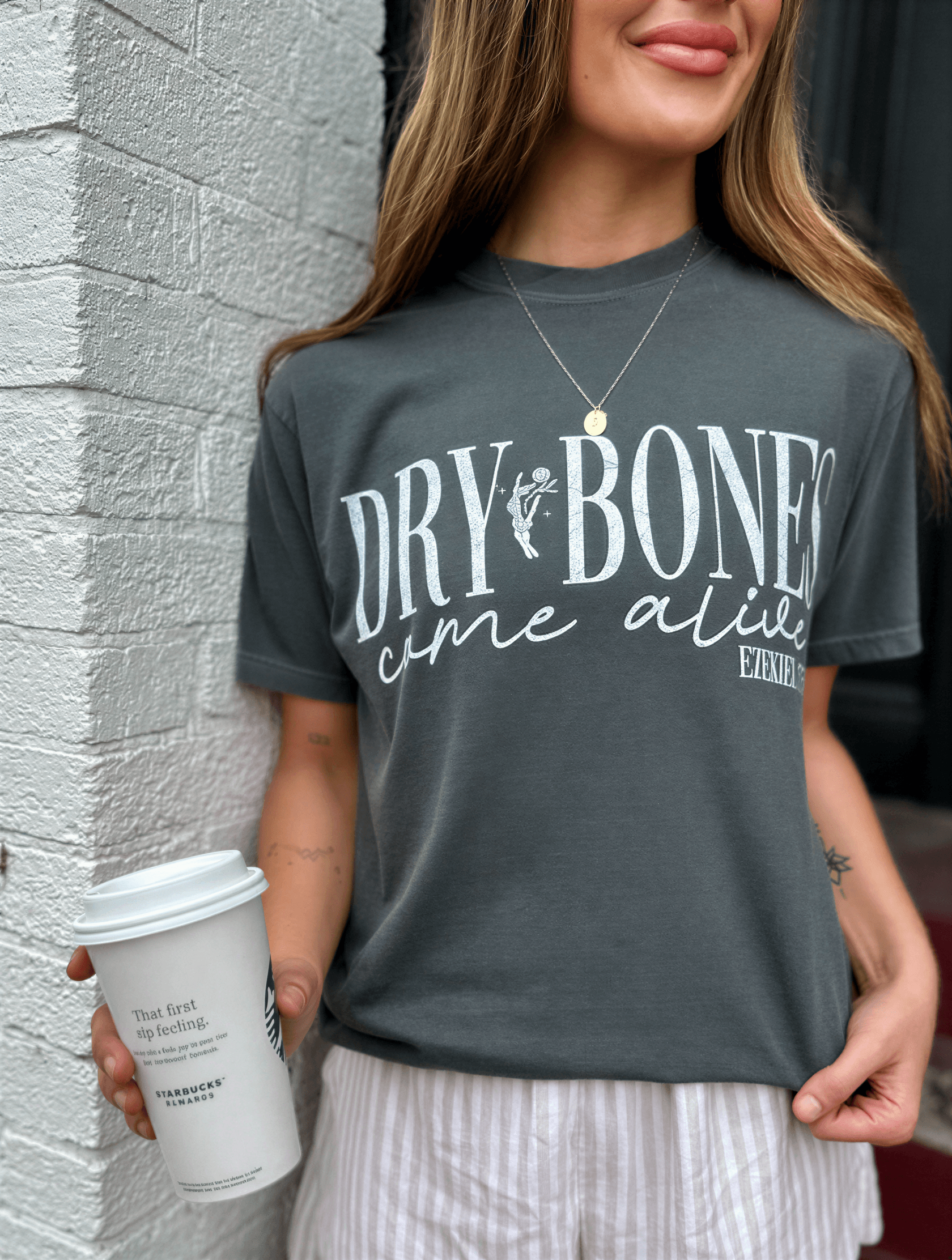 model wearing Dry Bones Come Alive Tee