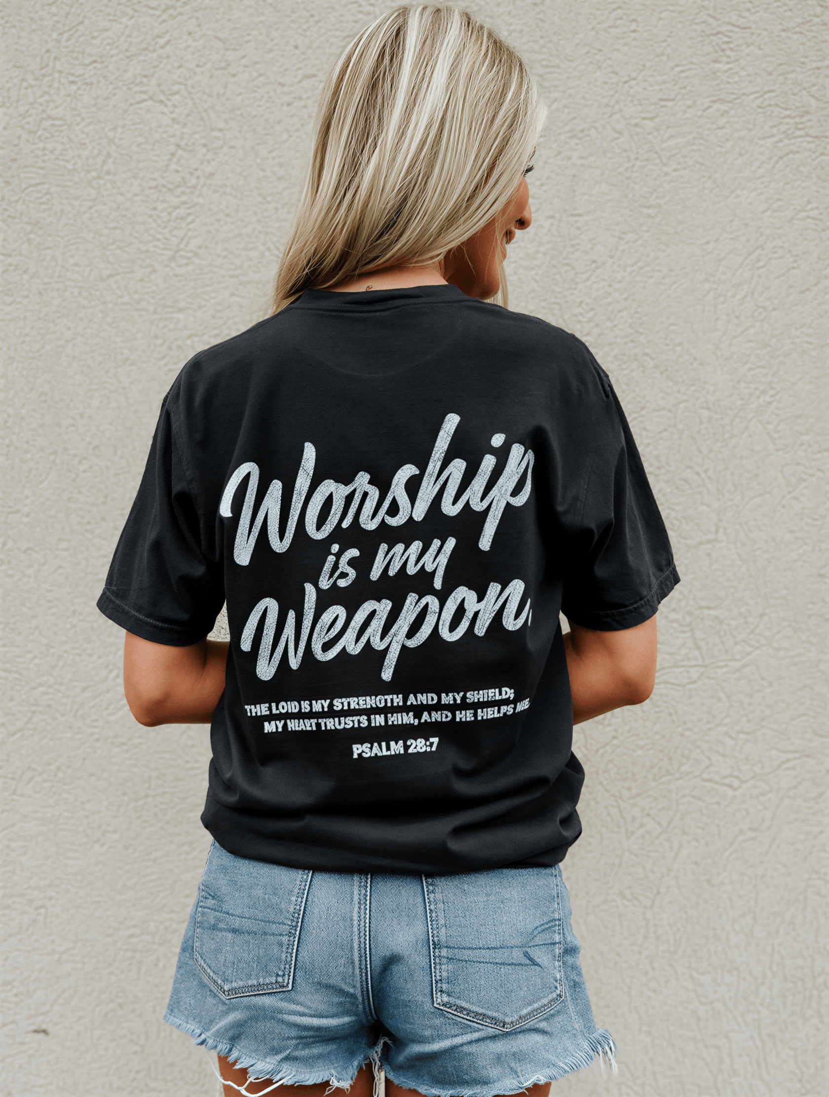 model wearing Worship Is My Weapon Tee