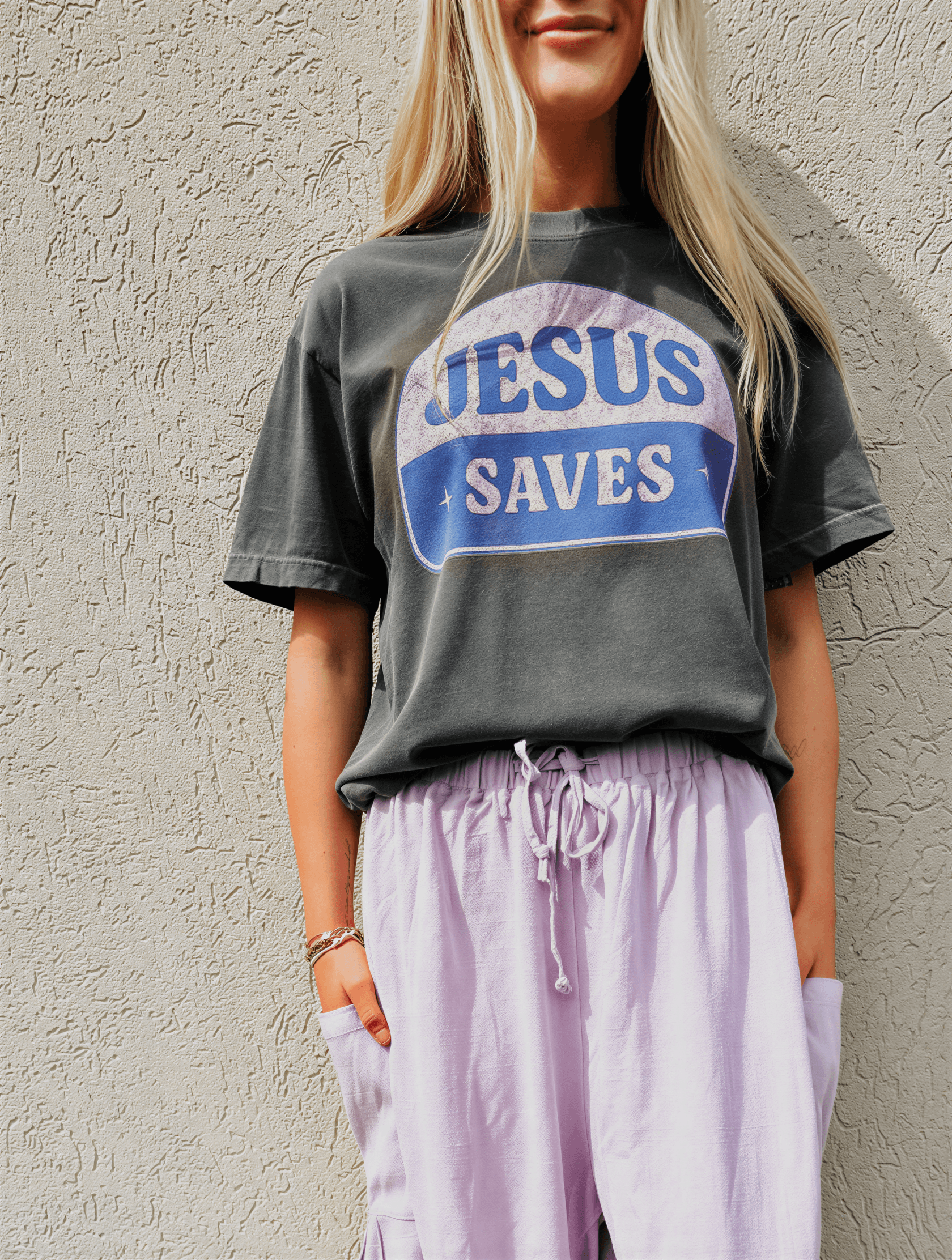 model wearing Retro Jesus Saves Tee