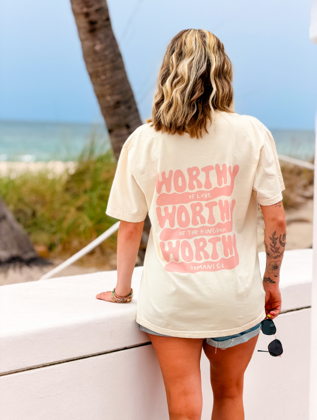 model wearing Worthy Of... Tee
