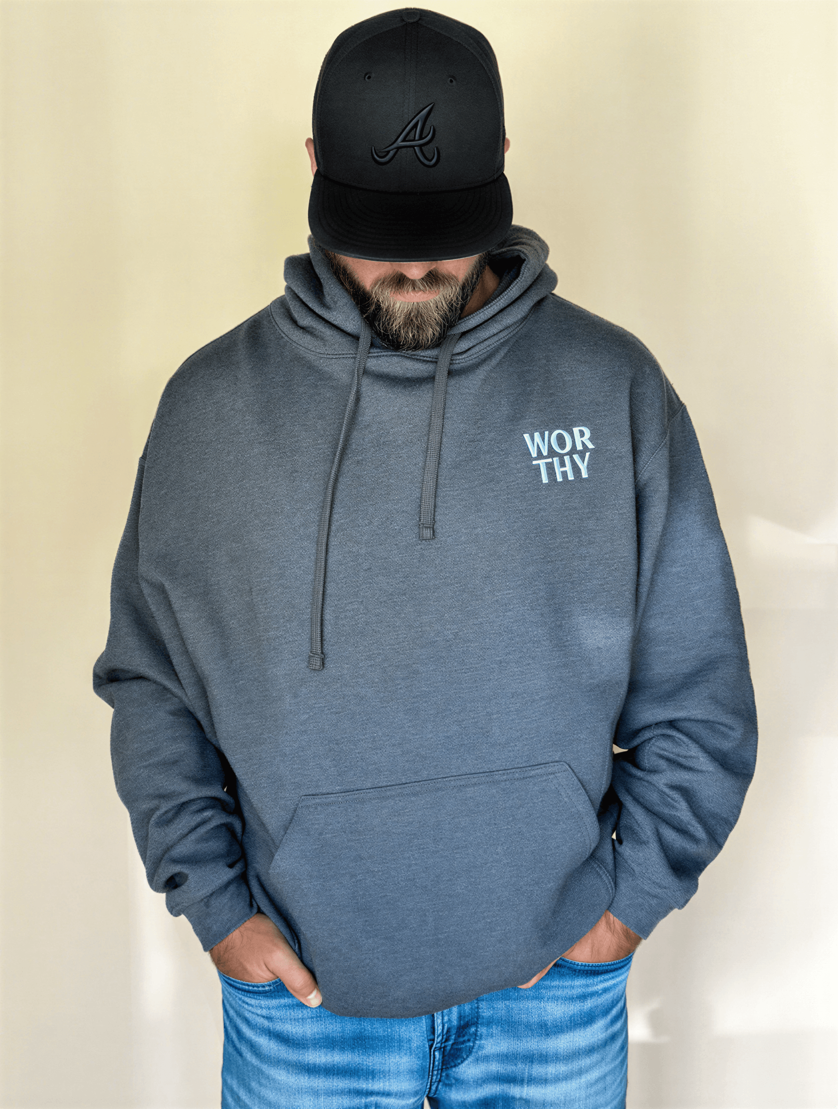 model wearing Worthy Embroidered Hoodie - Charcoal
