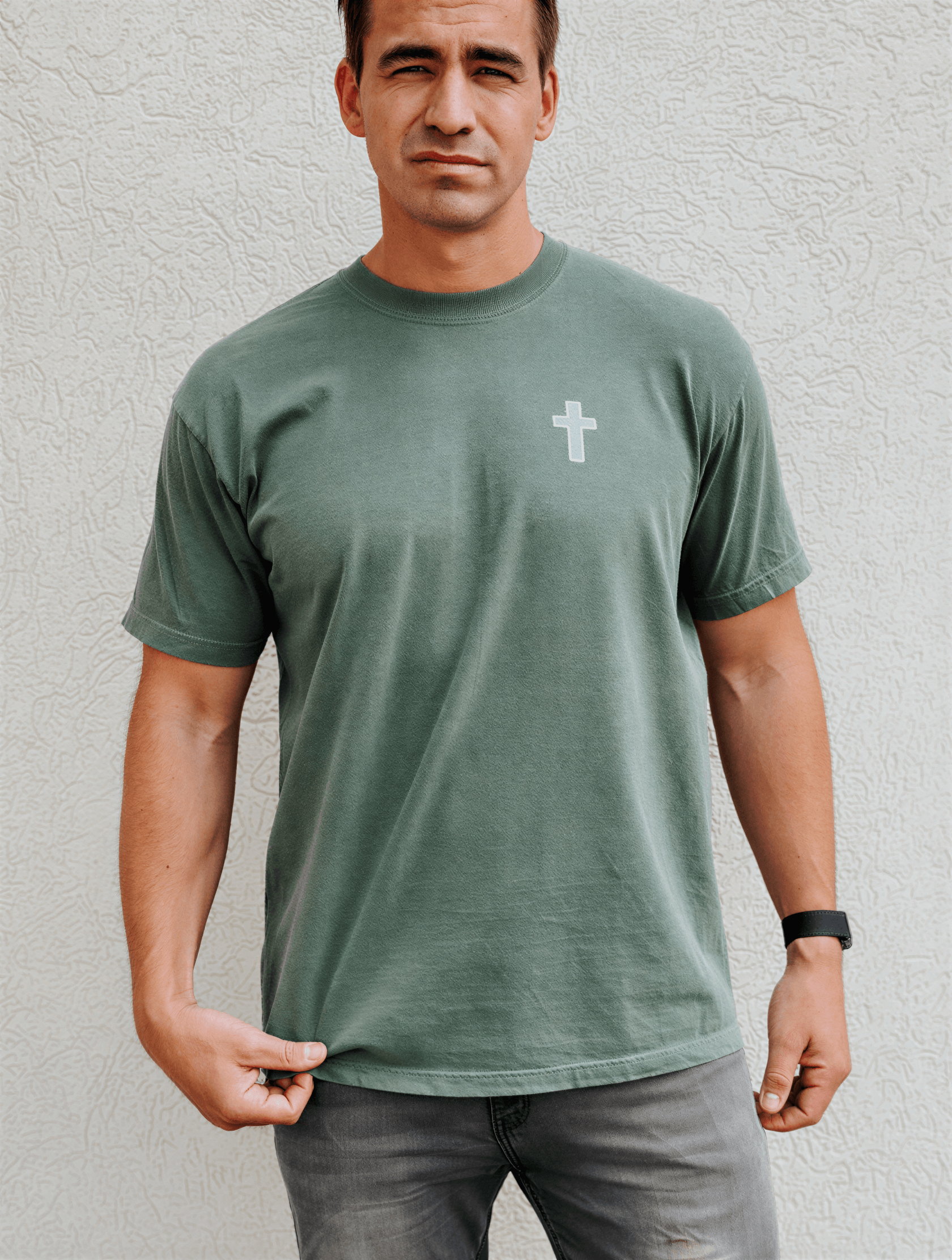 model wearing He Moves Mountains Tee