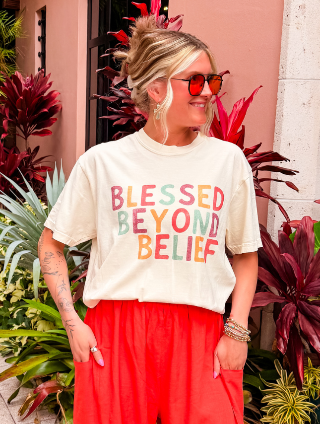 model wearing Blessed Beyond Belief Tee