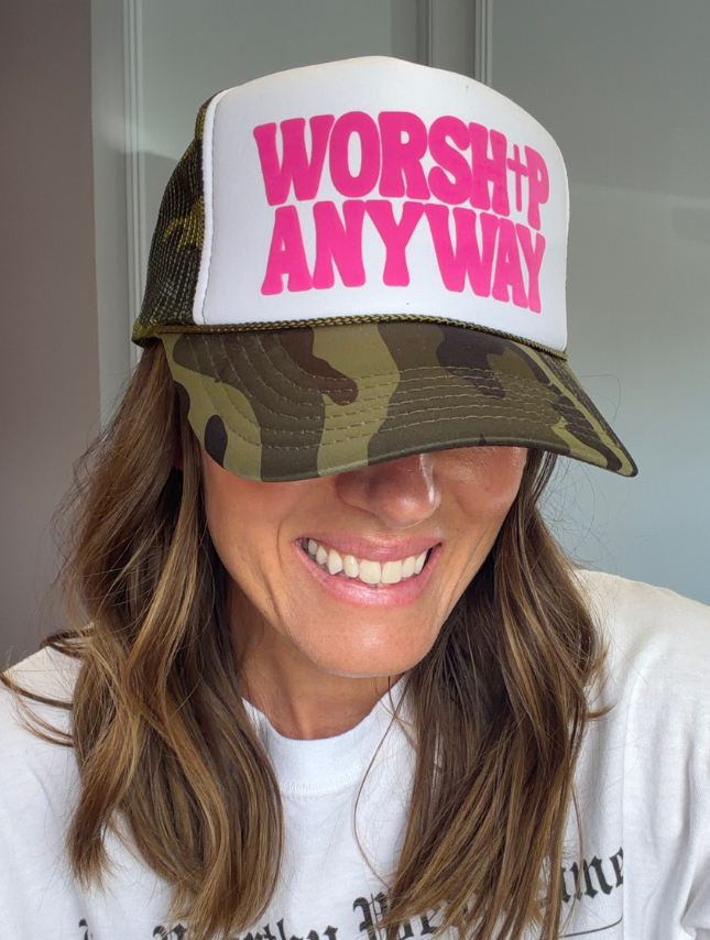 Worship Anyway Camo Foam Trucker