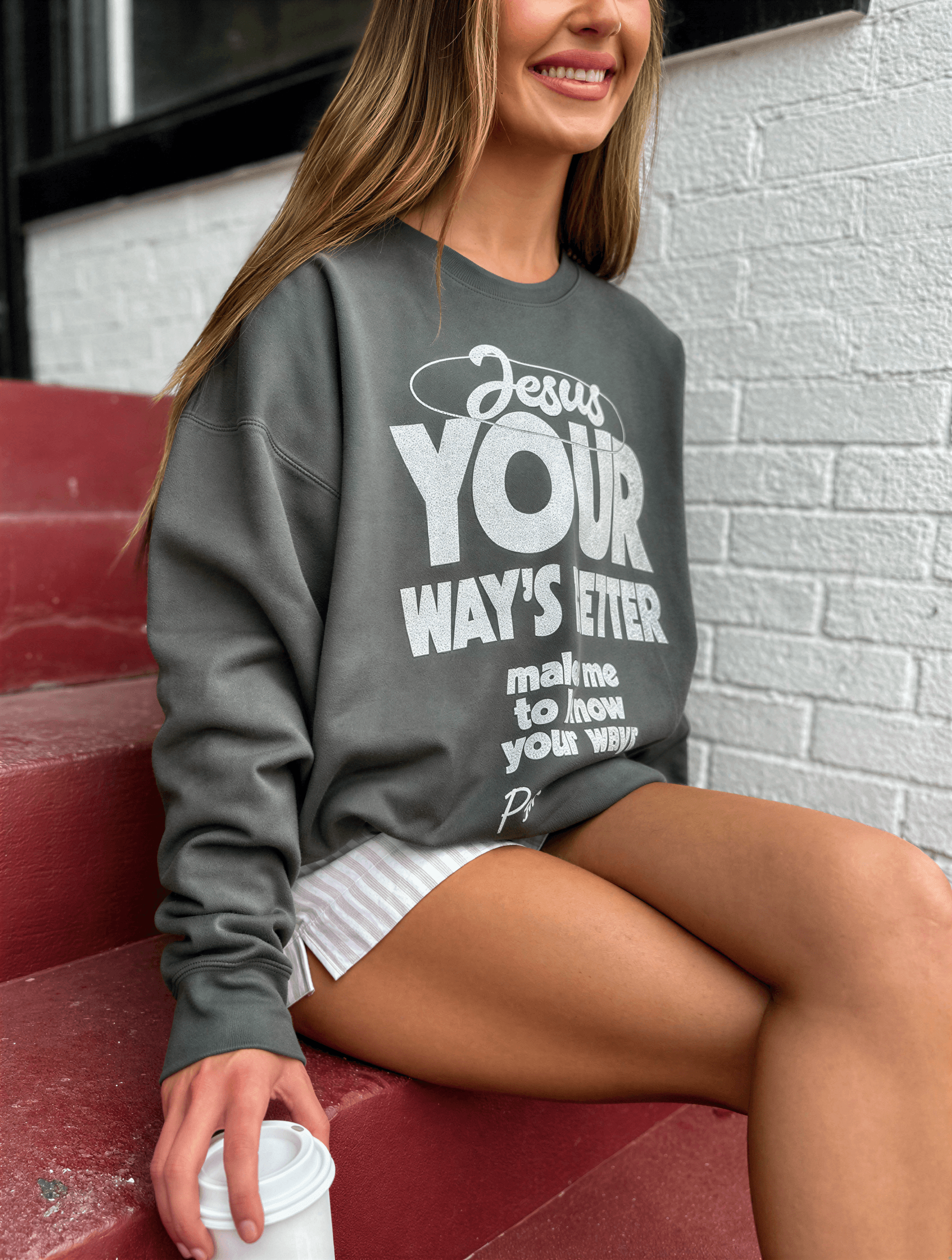 model wearing Your Way's Better Sweatshirt