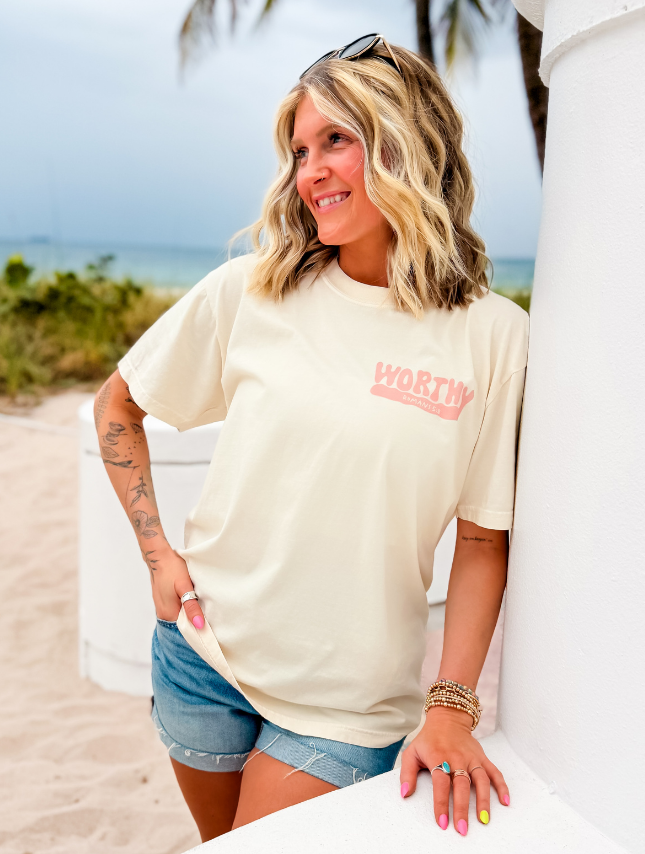 model wearing Worthy Of... Tee