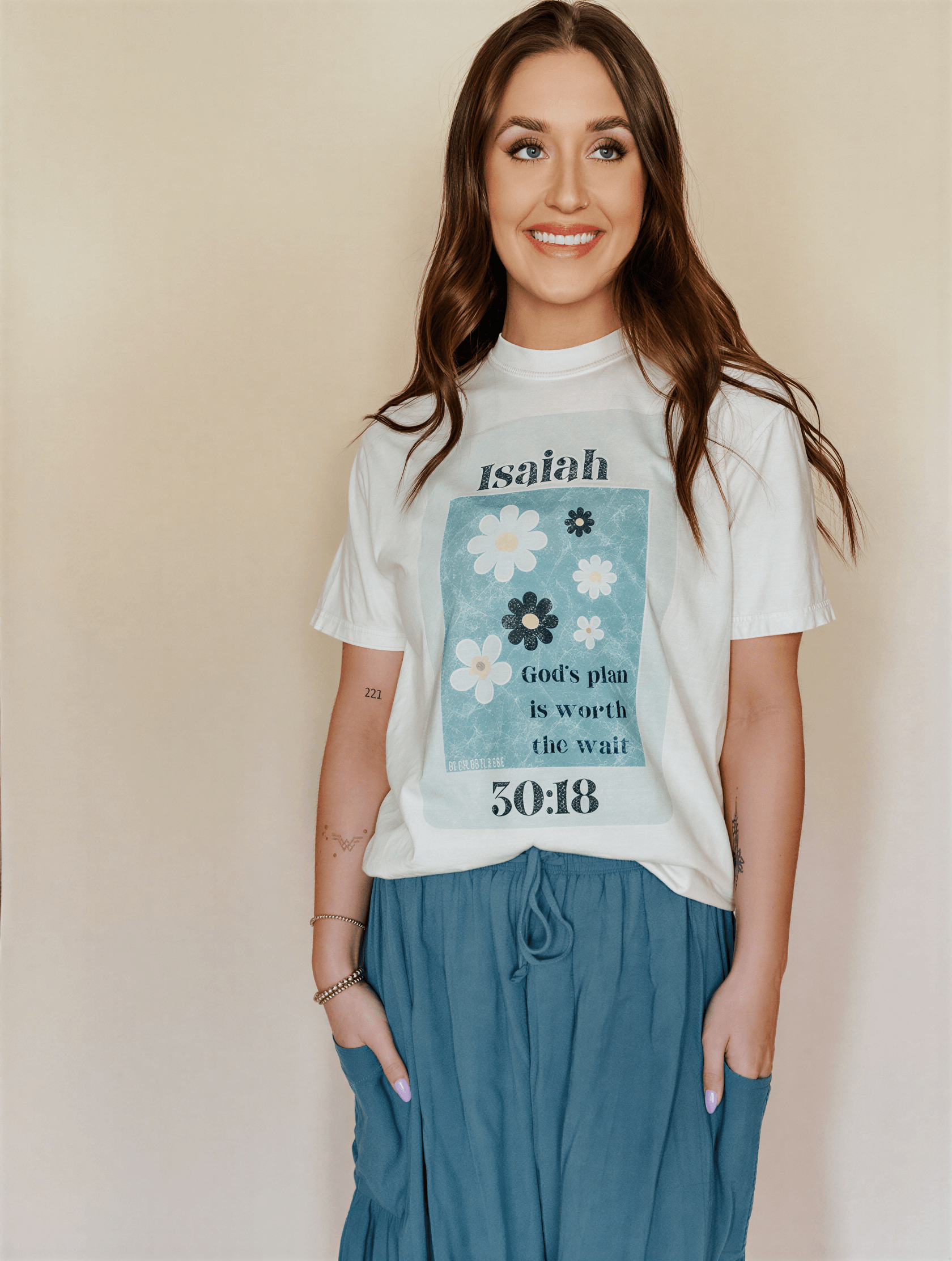model wearing Isaiah 30:18 tee
