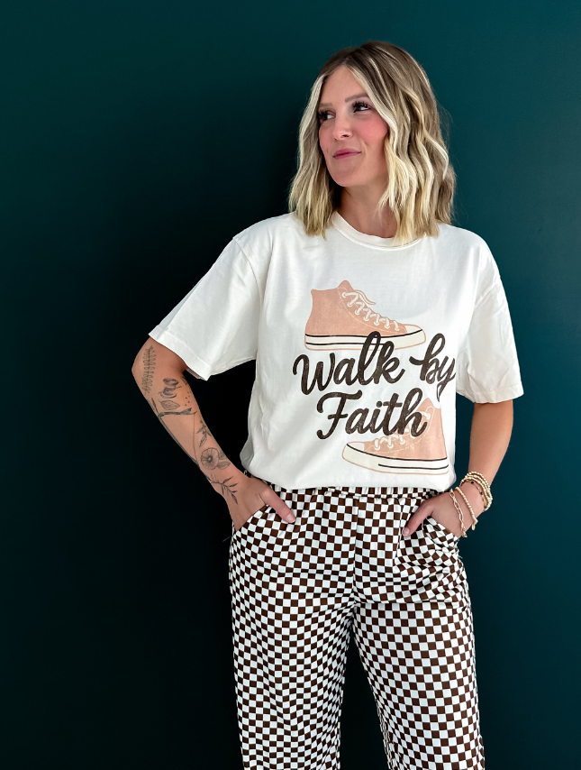 model wearing Faith Shoes Tee