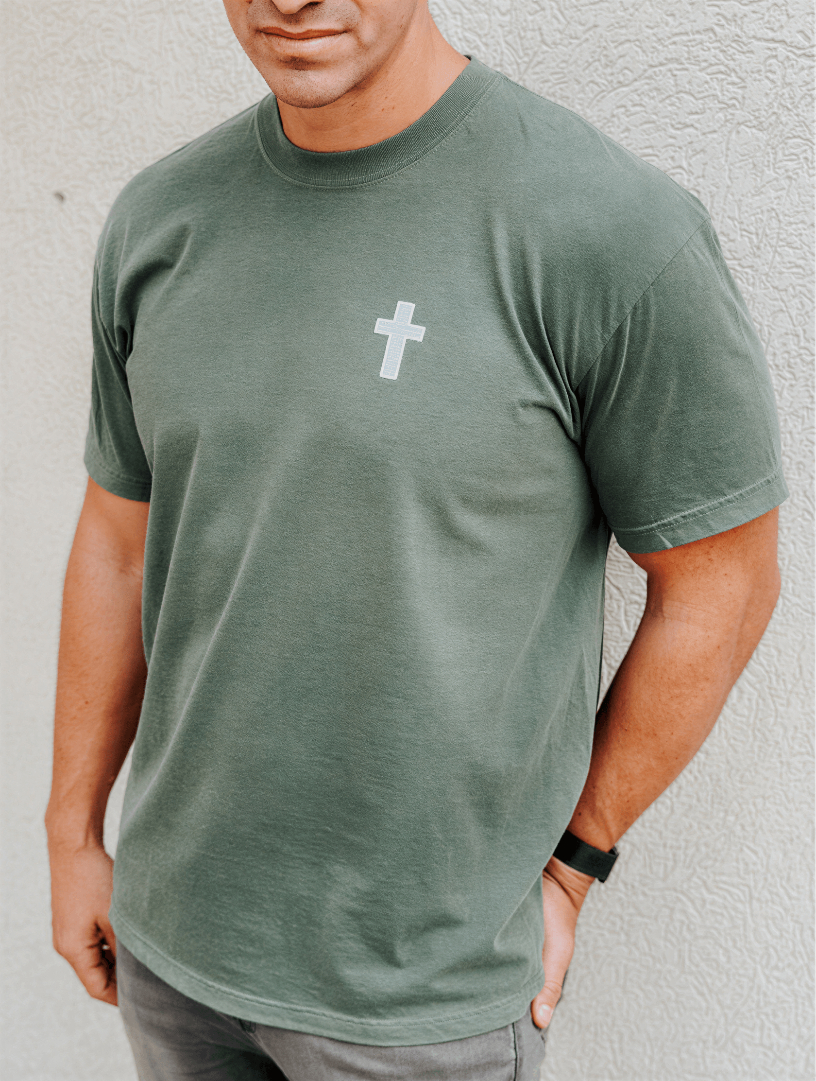 model wearing He Moves Mountains Tee