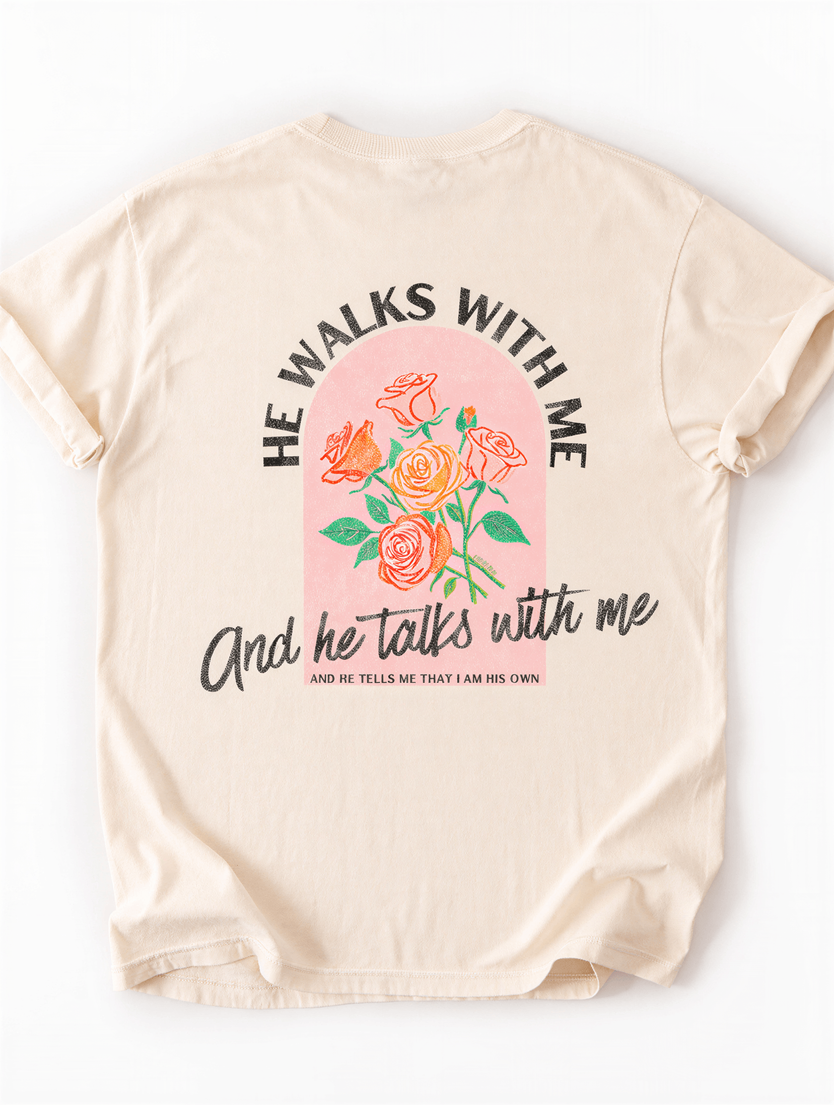 flat lay of He Walks With Me Front & Back Tee