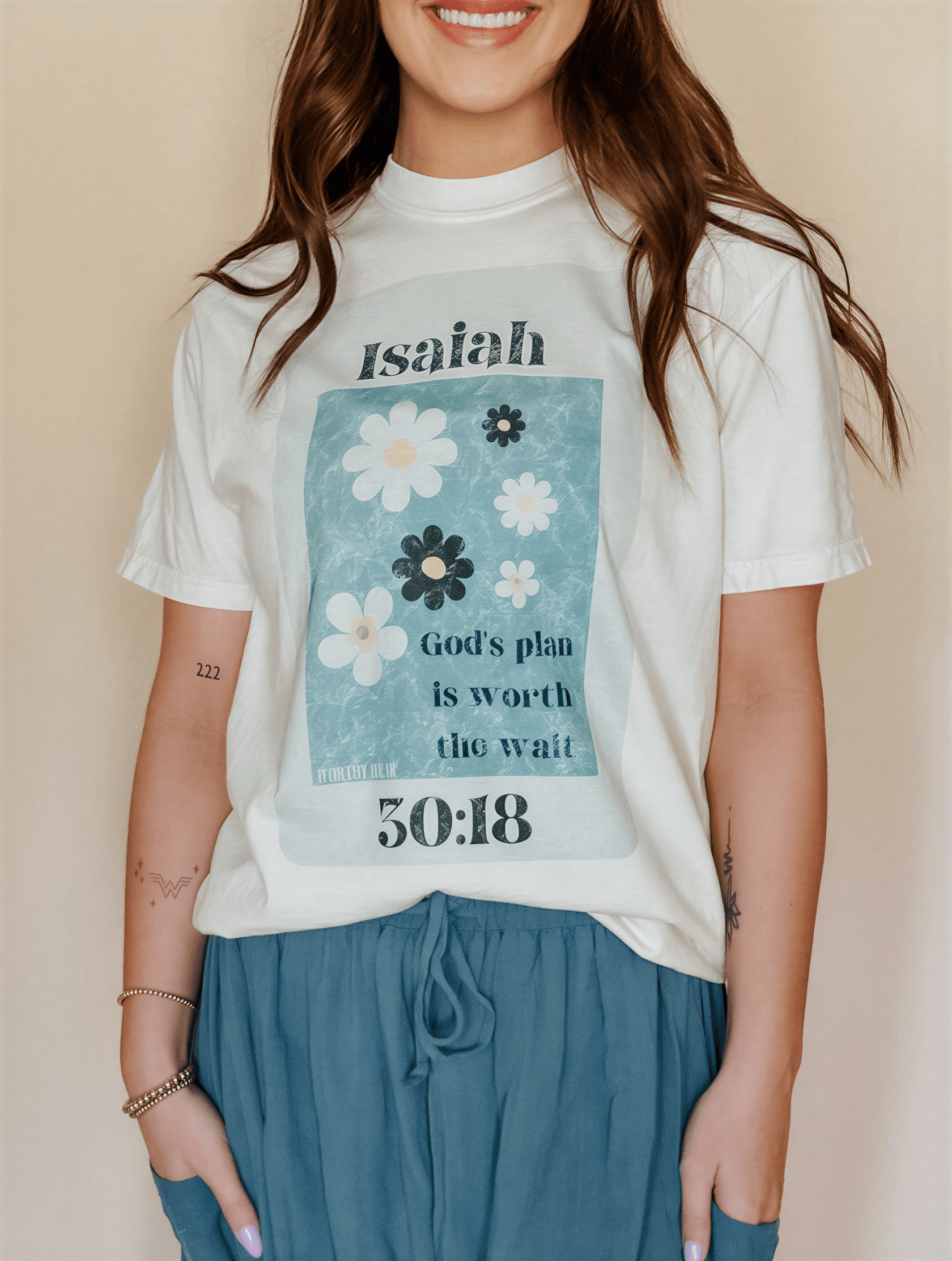 model wearing Isaiah 30:18 tee