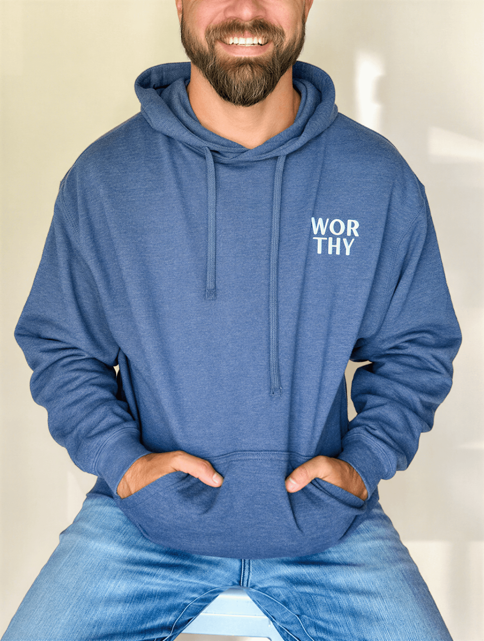 model wearing Worthy Embroidered Hoodie - Navy