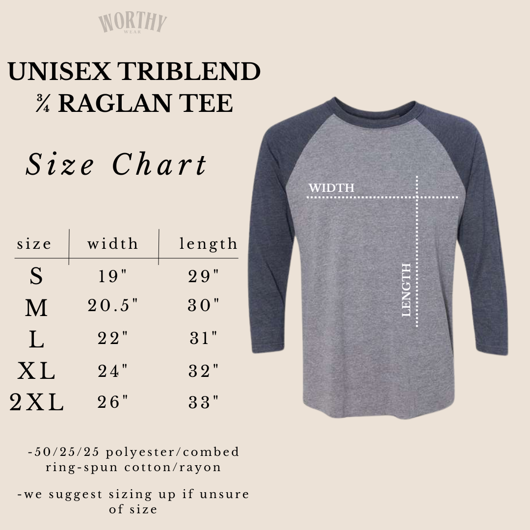 Worthy Wear raglan t-shirt in gray with navy sleeves, featuring a size chart for unisex fit and dimensions.