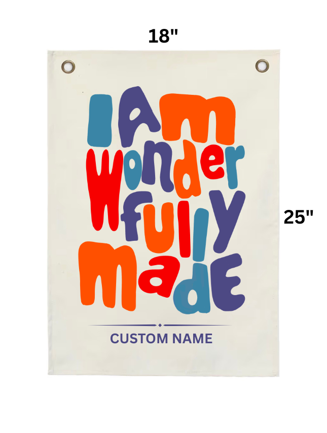 Personalized tapestry featuring colorful text "I am wonderfully made" with space for a custom name, measuring 18" x 25".