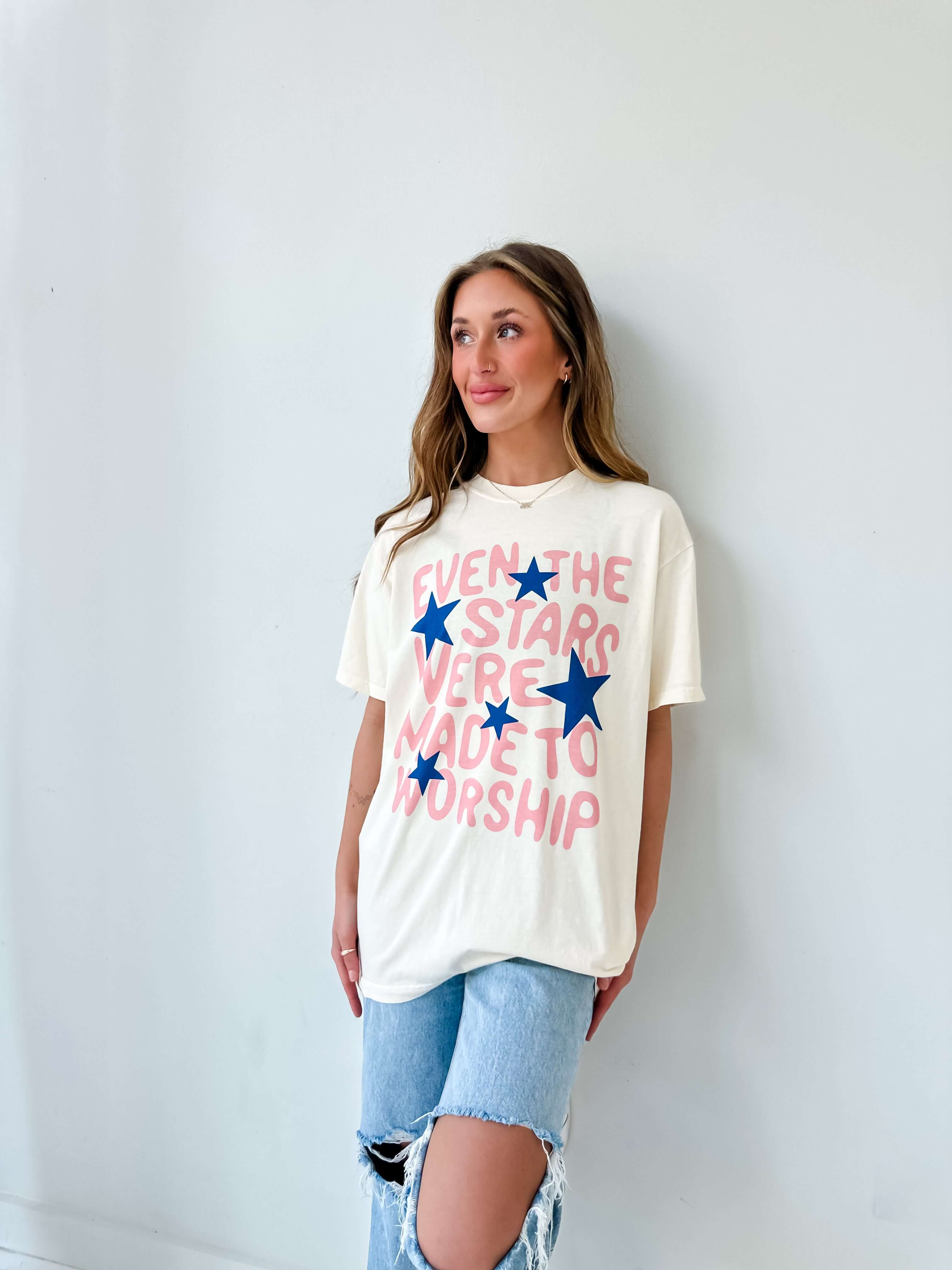 model wearing Even The Stars Tee