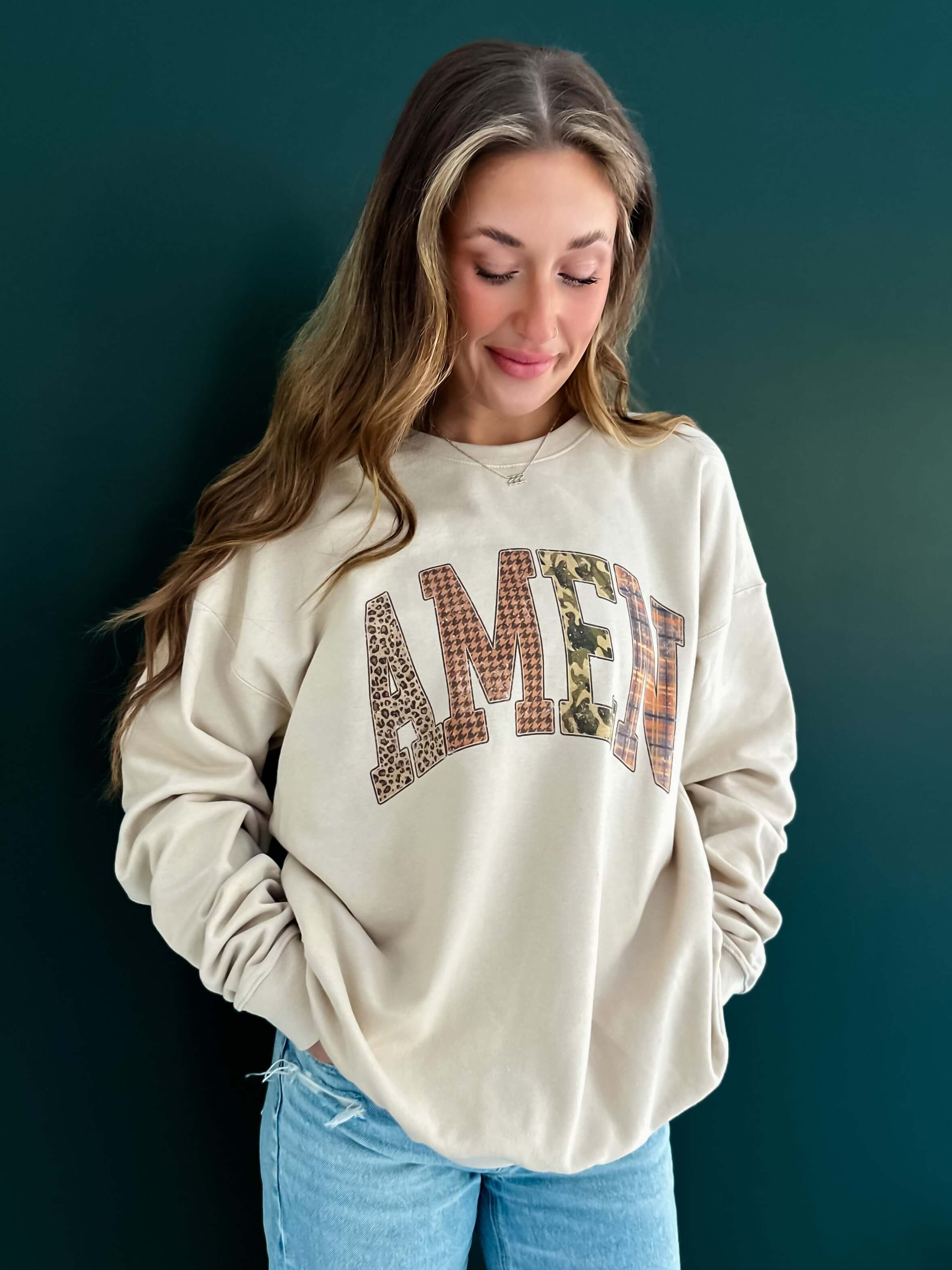 model wearing AMEN Patchwork Sweatshirt