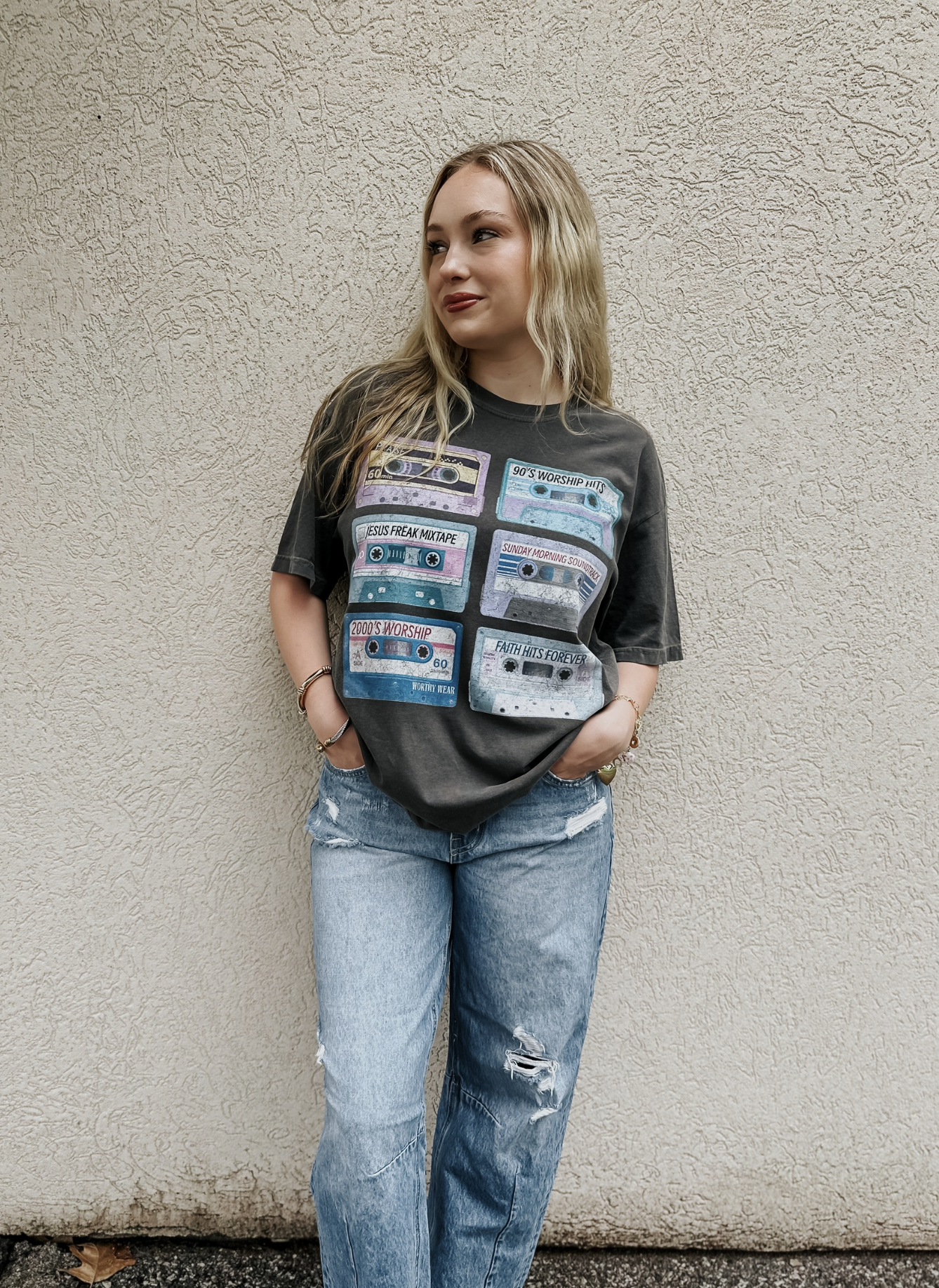 model wearing worship tapes tee