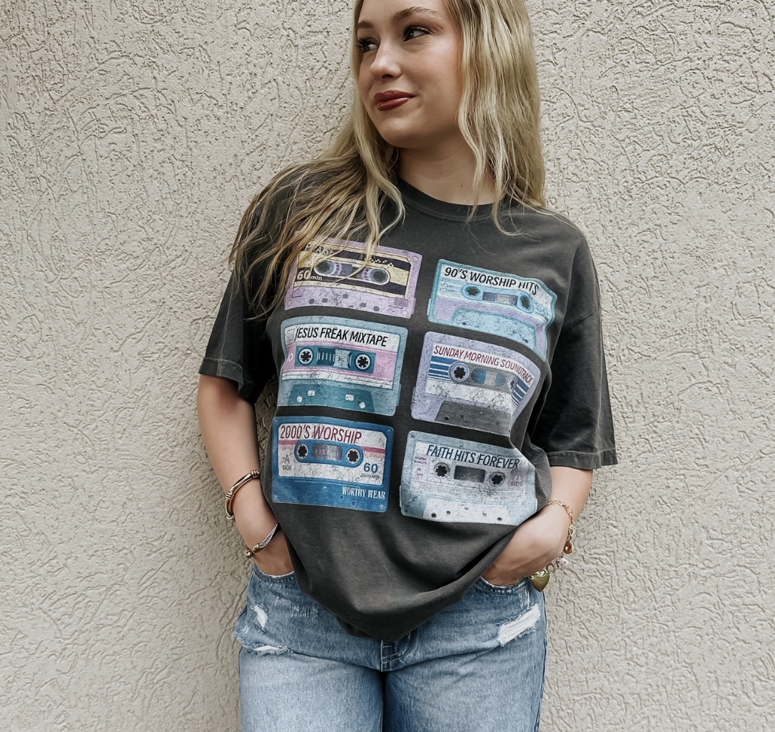 model wearing worship tapes tee
