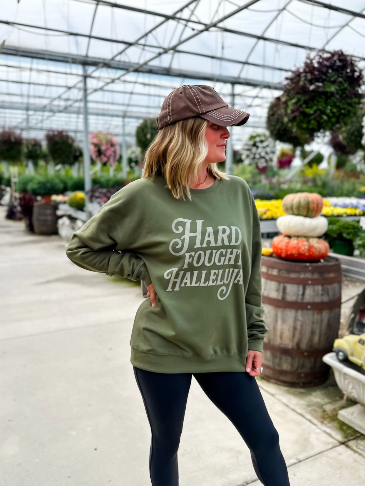 model wearing Hard Fought Hallelujah Sweatshirt