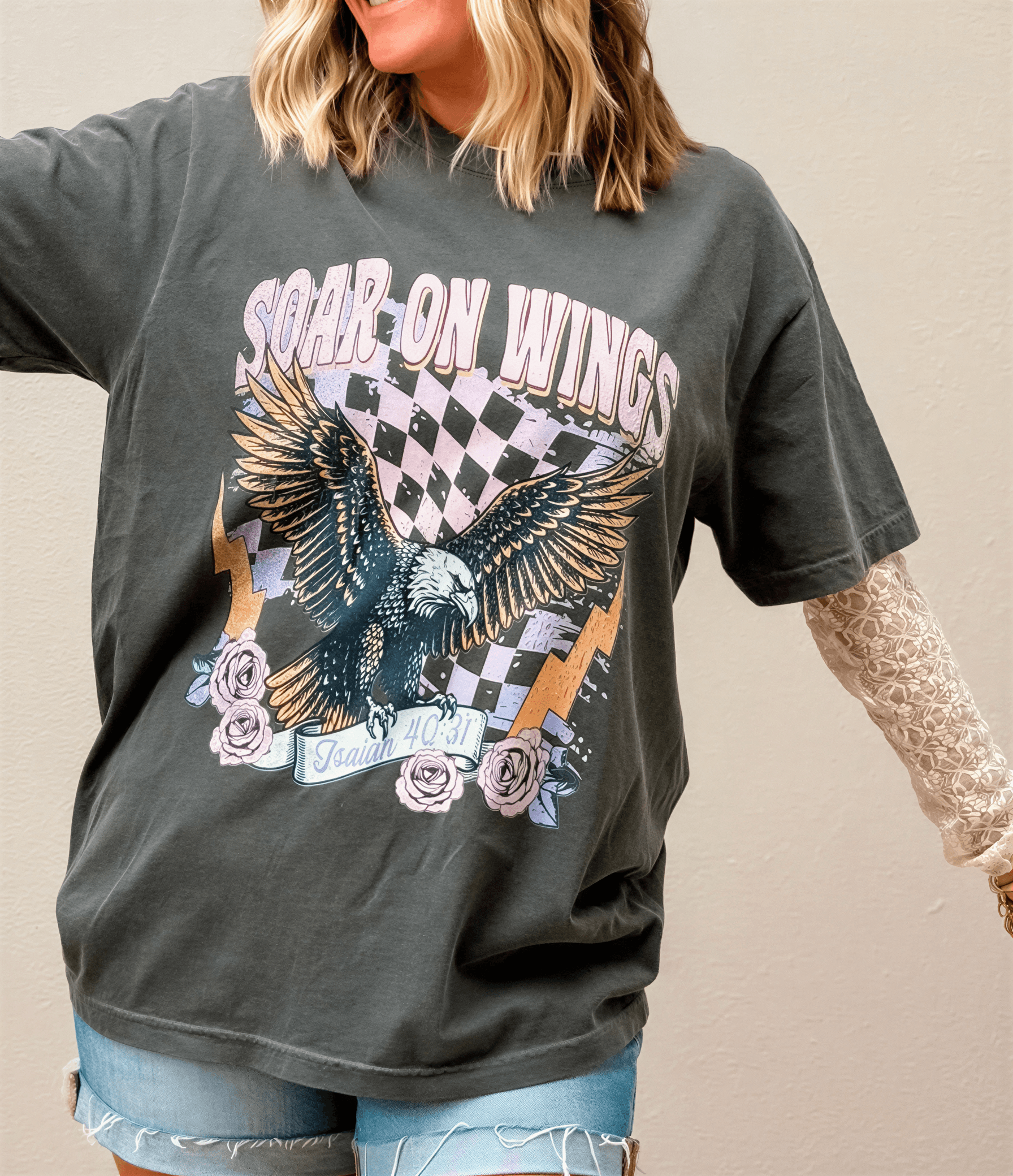 model wearing Soar On Wings Tee