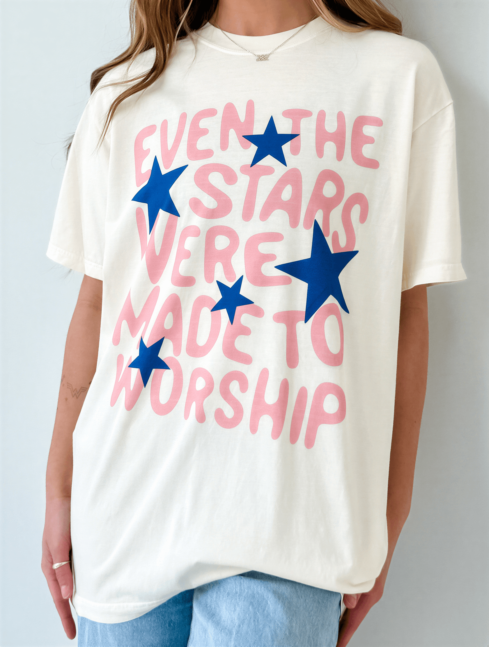 model wearing Even The Stars Tee
