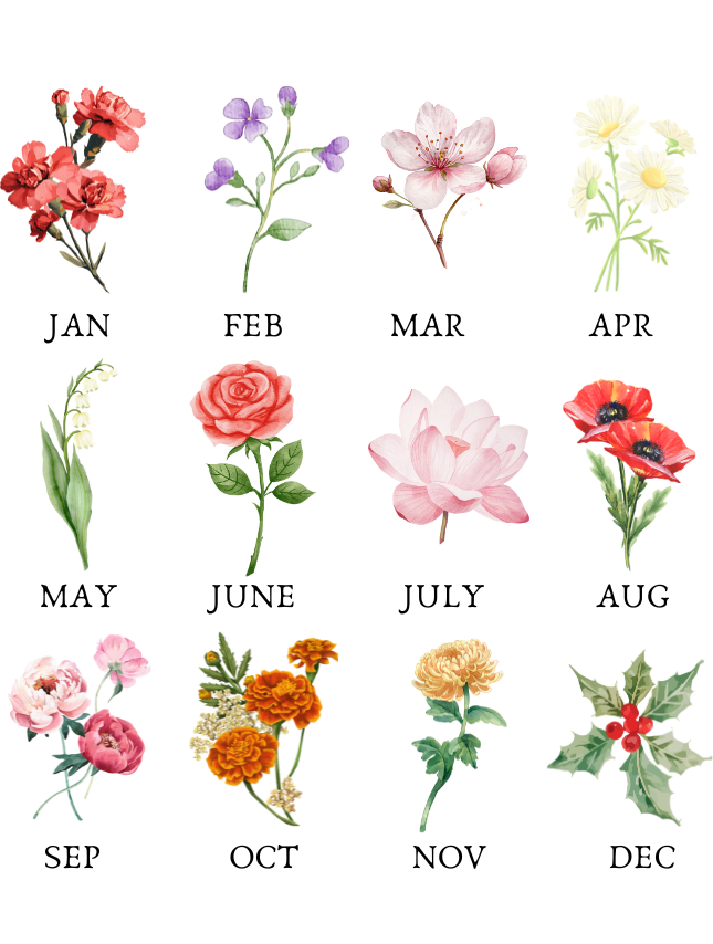 Custom birth flower tee featuring floral illustrations for each month, labeled from January to December.