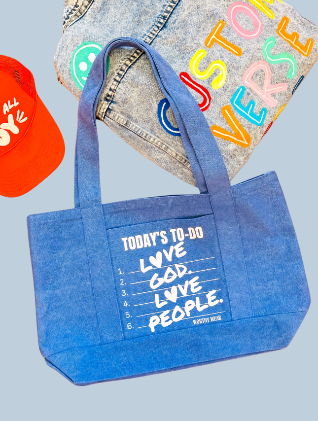 To-do list tote in periwinkle with white text, featuring a list and the phrase "Today's To-Do: Love God, Love People.