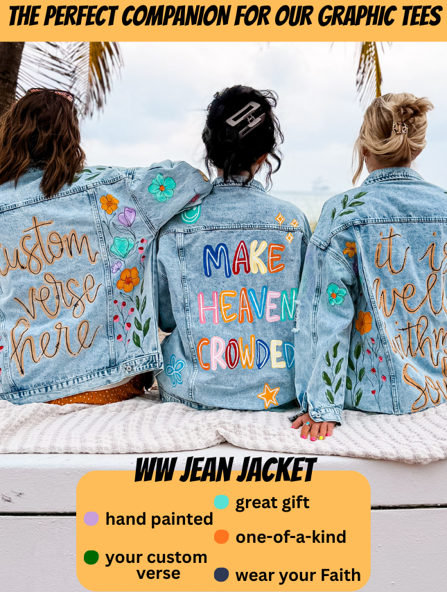 Three women wearing hand-painted denim jackets with colorful designs, standing outdoors near palm trees.