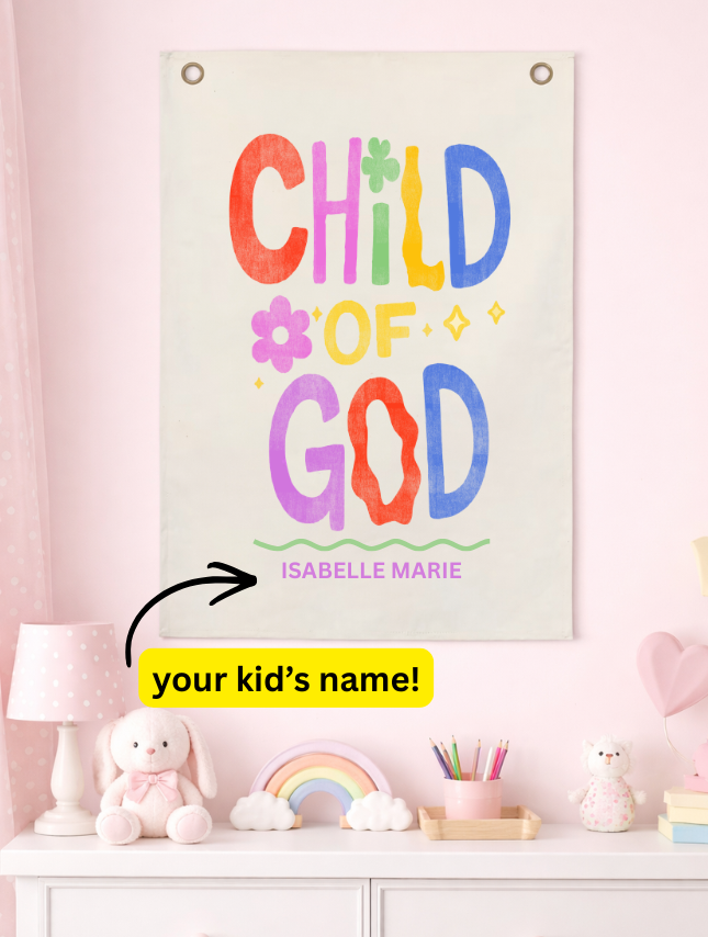Child of God personalized tapestry featuring colorful text and a placeholder for a child's name, displayed in a nursery se...