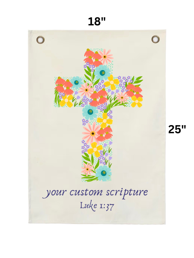 Floral cross tapestry featuring colorful flowers and customizable scripture, measuring 18 by 25 inches.