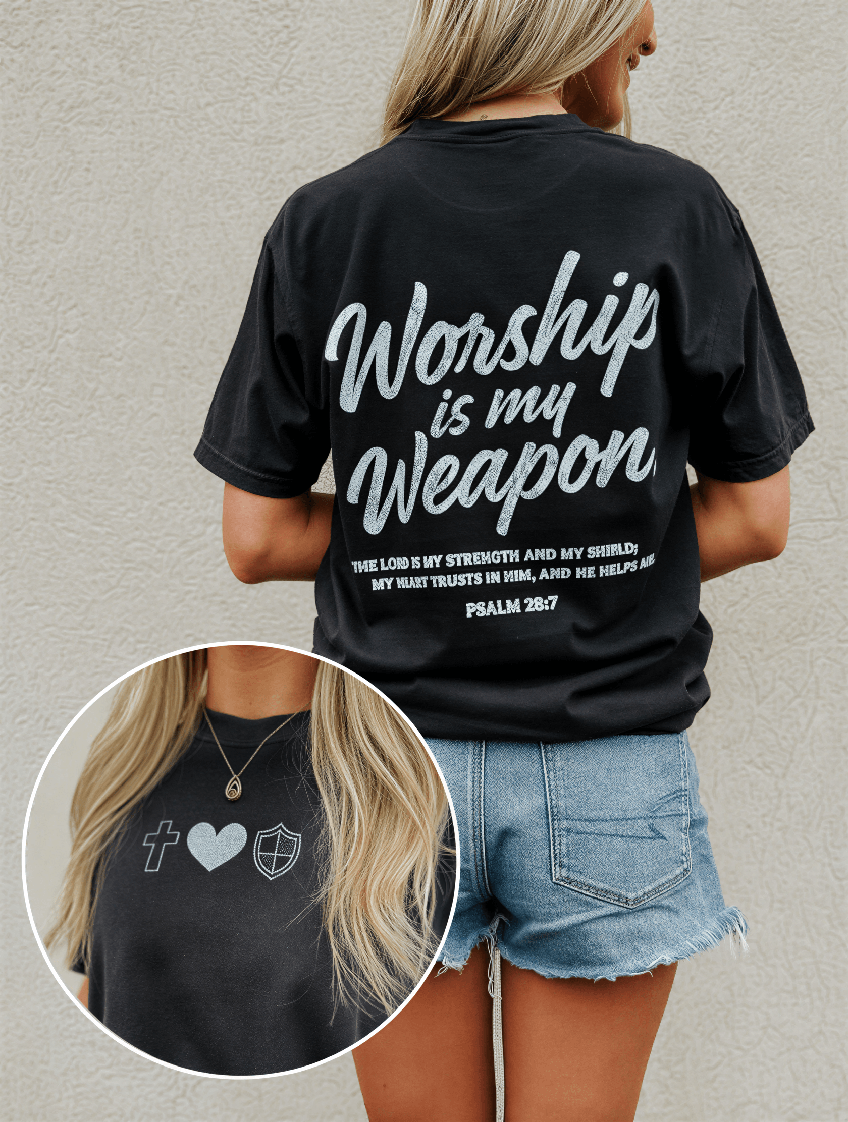 model wearing Worship Is My Weapon Tee