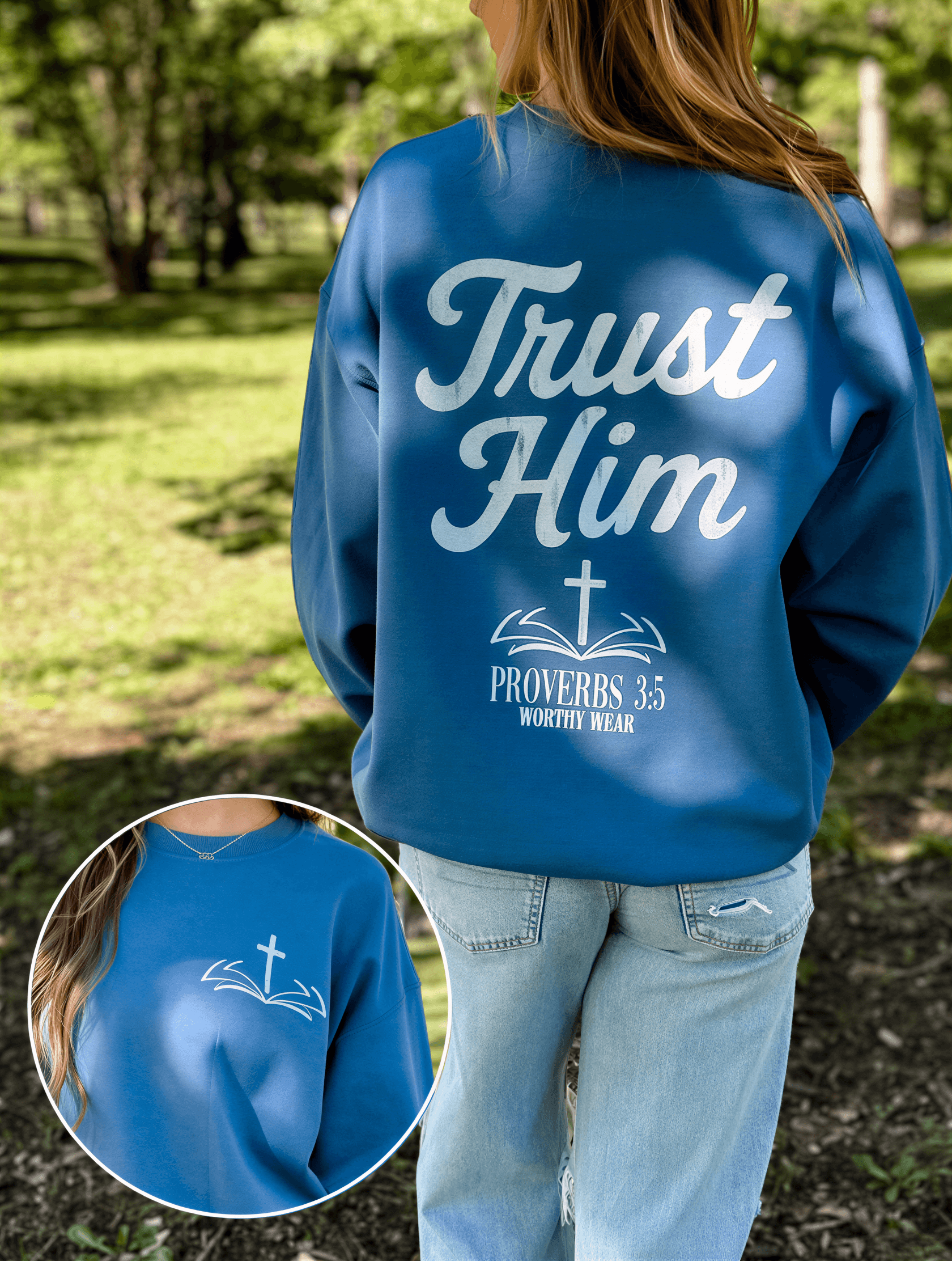 model wearing Trust Him Sweatshirt