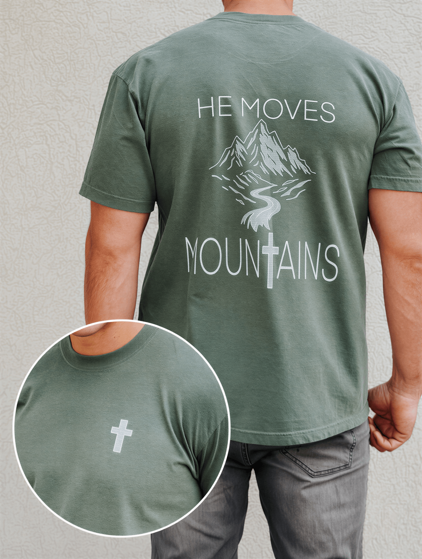 model wearing He Moves Mountains Tee