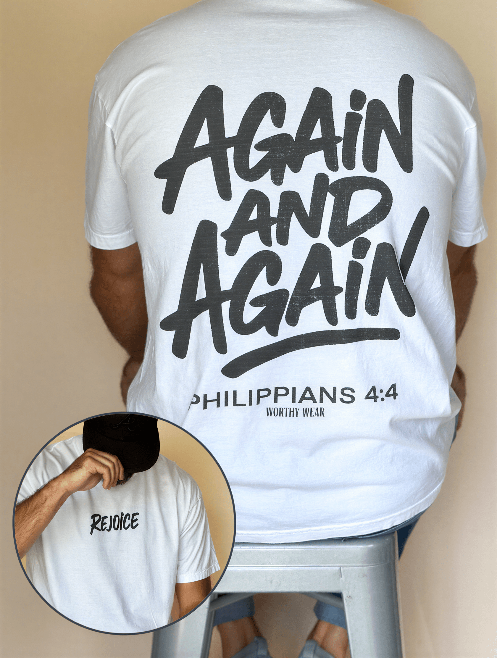 model wearing Rejoice Again and Again Tee