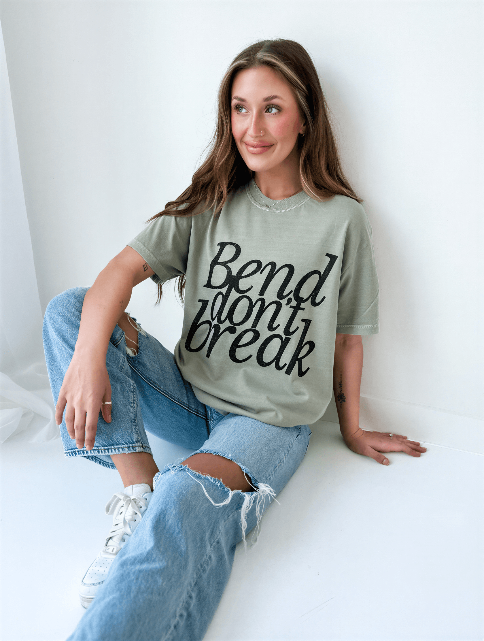 model wearing Bend Don't Break Tee