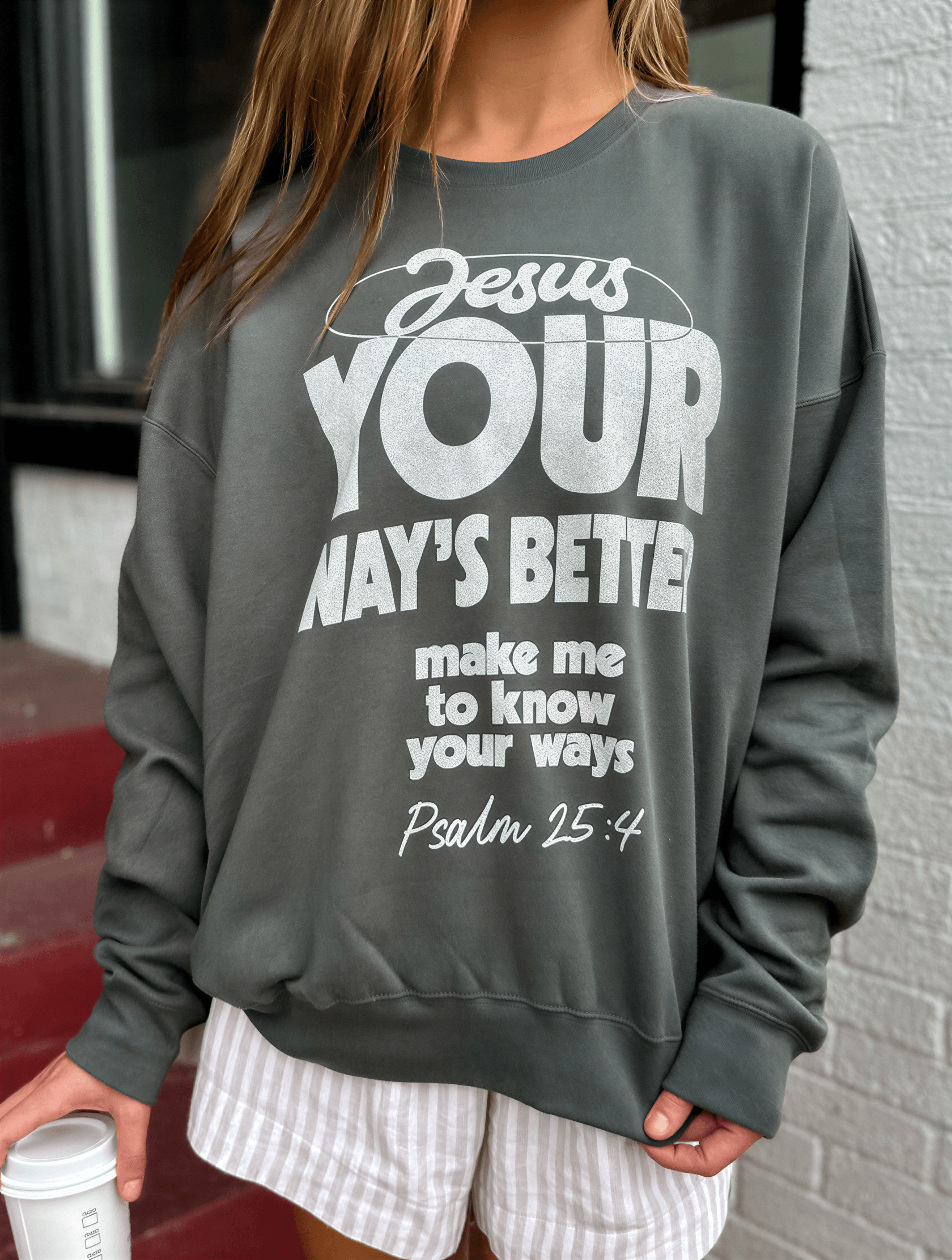 model wearing Your Way's Better Sweatshirt