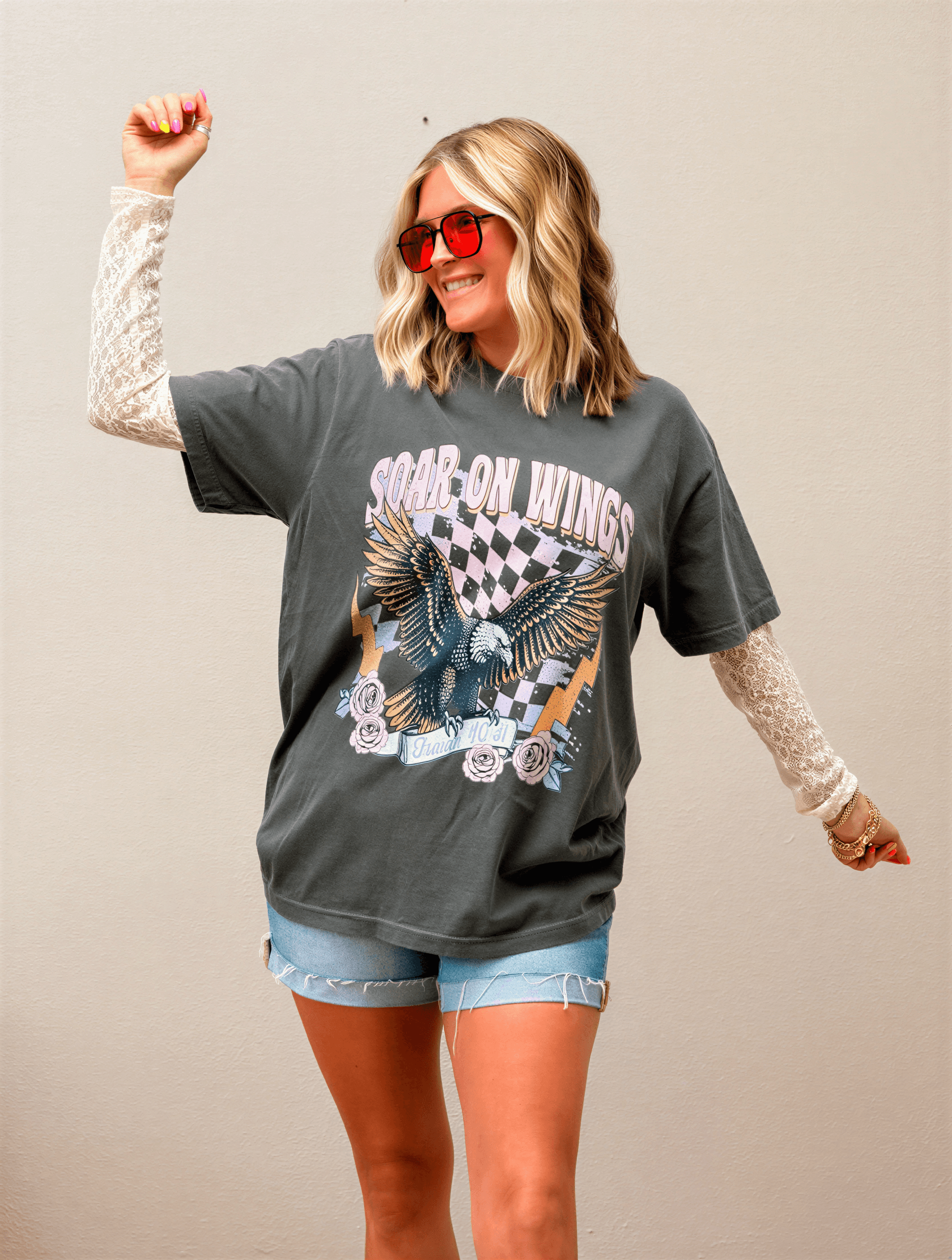 model wearing Soar On Wings Tee