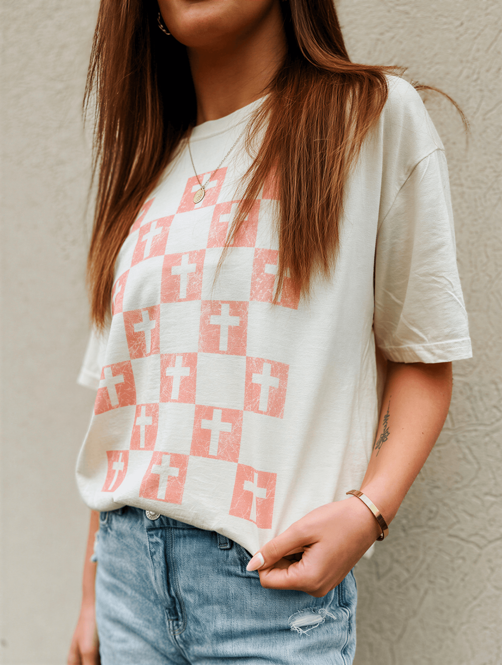 model wearing Bold Crosses Tee - Ivory