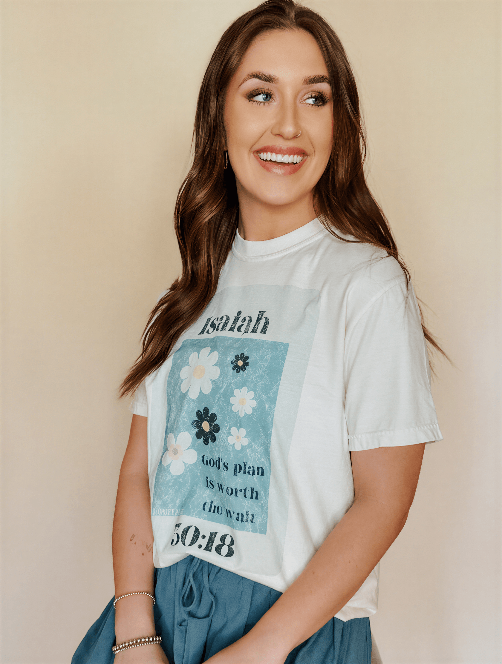 model wearing Isaiah 30:18 tee
