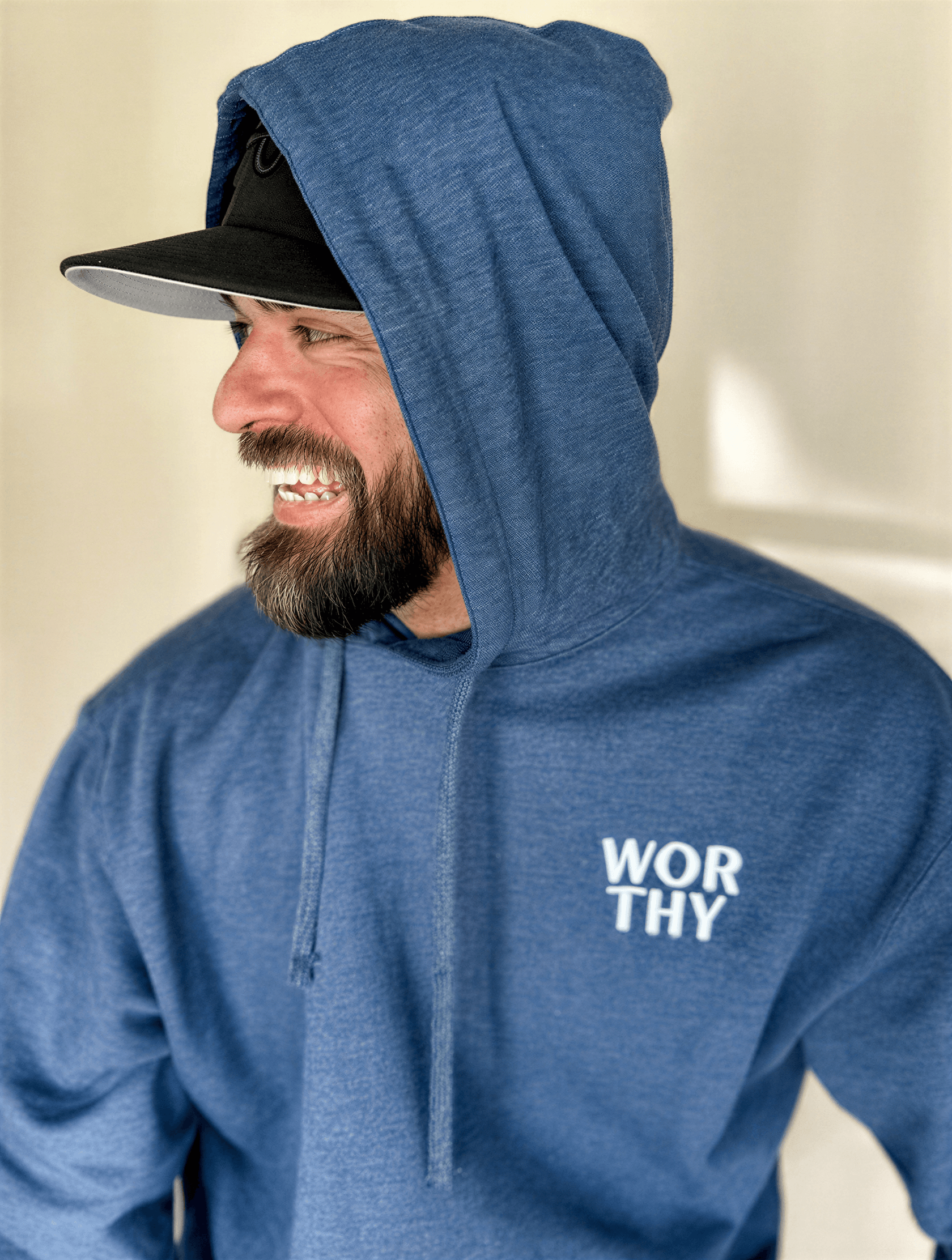model wearing Worthy Embroidered Hoodie - Navy