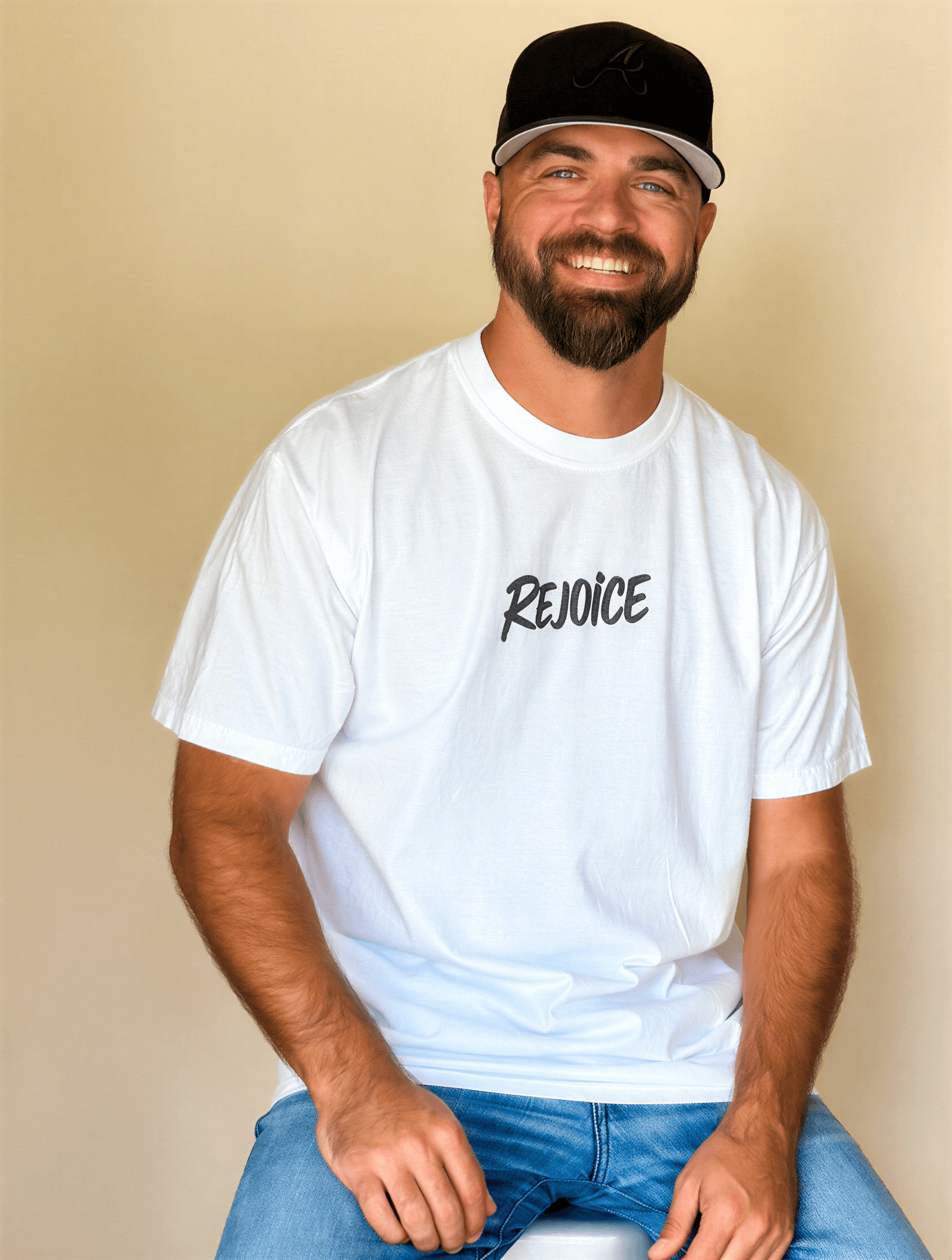 model wearing Rejoice Again and Again Tee