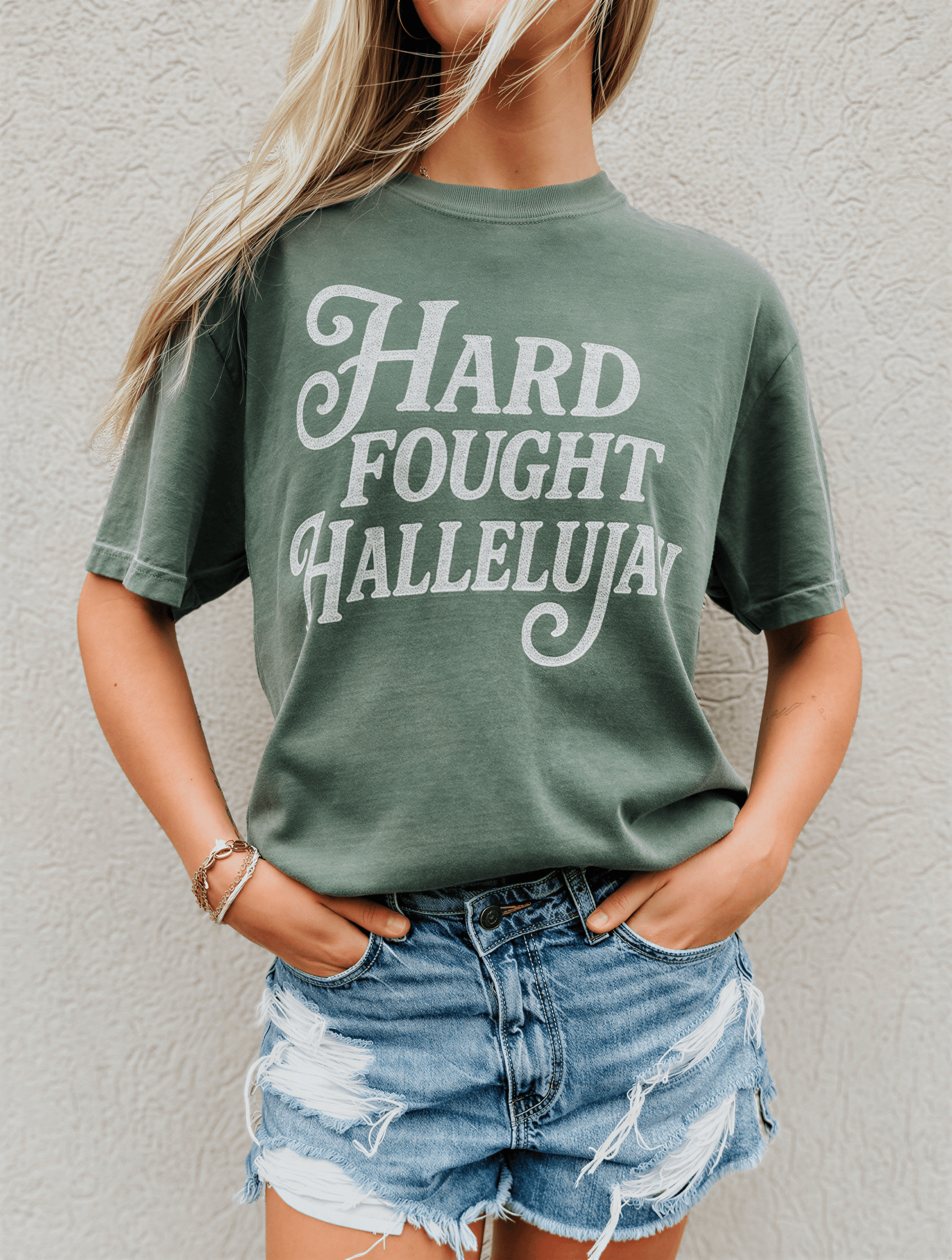 model wearing Hard Fought Hallelujah Tee